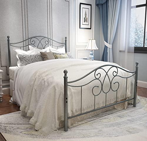 YERPERFO Marco de cama matrimonial de metal con cabecero y estribo, plataforma de granja, almacenamiento debajo de la cama, no necesita somier y fácil montaje (gris plateado, matrimonial)