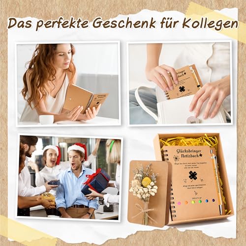 Abschiedsgeschenk Kollegen - Dankeschön Geschenke, Glücksbringer Geschenk Kollegin Vierblättriges Notizbuch und Abschiedskarte mit Trockenblumenstrau, Lustige Kleine Geschenke für Kollege Freunde