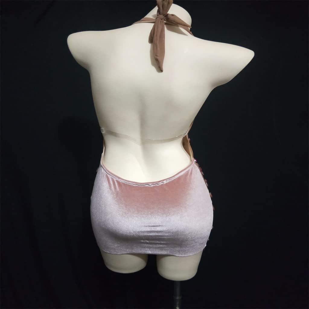 YYDS Vestido corto transparente con pedrería, vestido de baile de mujer con cuello de barco, sin espalda, vestido de noche