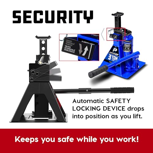 Image of POWERBUILT 3 Ton All-in-One Hydraulic Bottle Jack and Jackstand in One, Compact, Wide Base, 11-21 Inch Range, Eliminates Jackstands, for Trucks, SUVs, RVs, Trailers, ASME, Not for Sedans - 640912