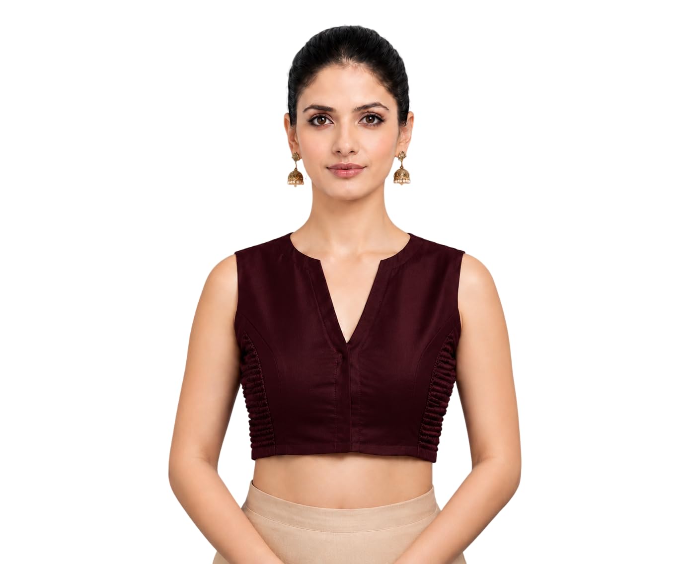 Womens Soft Taffeta Sleeveless V-Neck Stitched Smocked Strechable Full Back Covered Readymade Saree Blouse for Women Stylish-image-7