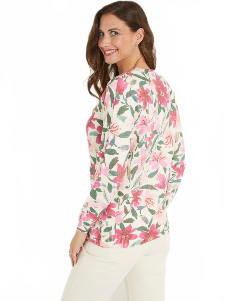 Afibel - Pull Doux Imprimé Fleurs Col Rond Femme Rose Acrylique - Taille : 46/48