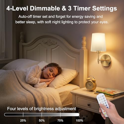 Image of Ouyulong Battery Operated Wall Sconces Set of 2, Wireless Rechargeable Dimmable Wall Light with 15000mAh RGB Bulb and Remote for Bedroom, Living Room, Hallway, Gold, 13.4in