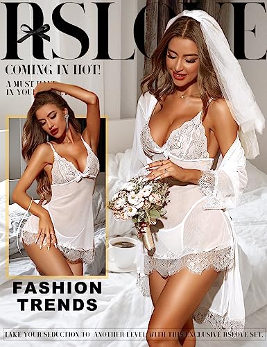 RSLOVE Women Sexy Lingerie Set 3 Piece Babydoll & Lace Kimono Robe Strap Chemise Sleepwear Mesh Nightgown2