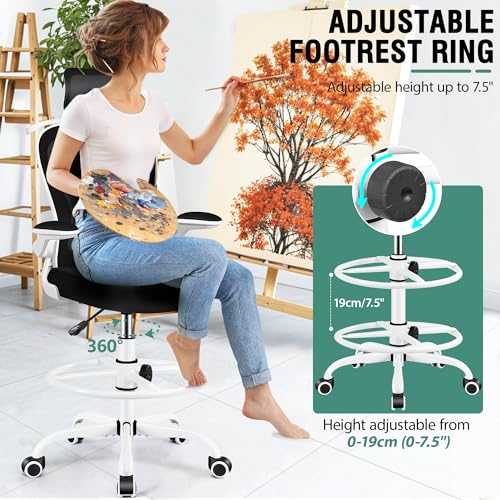 Image of Drafting Chair, Tall Office Chair with 3D Lumbar & Head Support, Ergonomic Mesh Standing Desk Chair with Footring, Comfy Extended High Desk Chair with Flip-Up Arms & Hanger,White