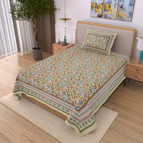 Image of 100% Cotton Single Bedsheet with 1 Pillow Cover | 240 TC Pure Cotton Flat Bed Sheet | Traditional Jaipuri Printed Bedding Set | Soft & Breathable | 60 x 90 Inch (Rangmahal Single 06)