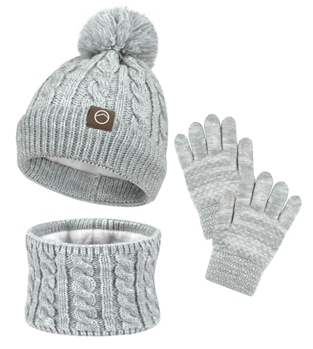 Image of ZOORON Kids Winter Hat Gloves Scarf Set, Girls Boys Hats Beanie with Pom | Children Knit Neck Warmer Mittens Fleece Lined Set Ages for 3-15, Kids Birthdays and Christmas Gifts