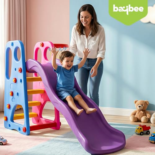 Image of Baybee 3 in 1 Baby Slides for Kids | Perfect Garden Sliding Toy with Basketball Set & Anti Slip Steps | Baby Play Area Indoor Mini Playground Setup | Outdoor Slider for Kids 2 to 5 Years Boys Girls
