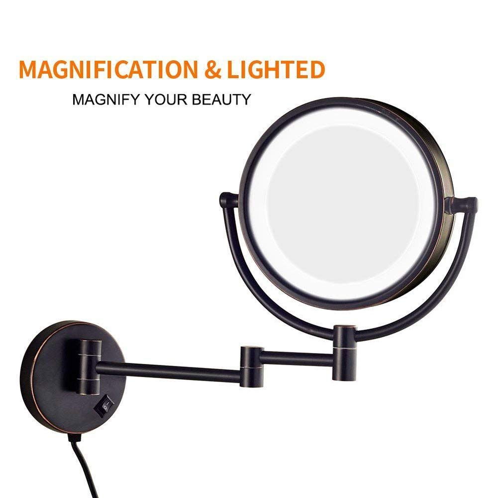 Specchio for trucco a LED da parete Specchio da barba pieghevole da 8 pollici con ingrandimento 10X Specchio da barba pieghevole for bagno Luce allungabile Specchio da parete cosmetico bifacciale Nero