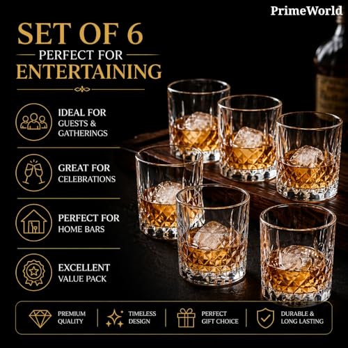 Image of PrimeWorld Diamond Rome Cut Crystal Whiskey Glasses Set of 6 pcs- 300 ml Bar Glass for Drinking Bourbon, Whisky, Scotch, Cocktails, Cognac- Old Fashioned Cocktail Tumblers