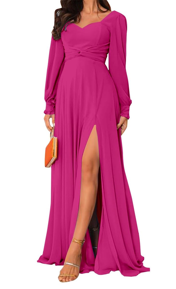 Hppee Women's Hot Pink Long Sleeve Bridesmaid Dresses For Empire Waist A Line Chiffon Formal Dress With Slit Wedding Guest Gown Uk20