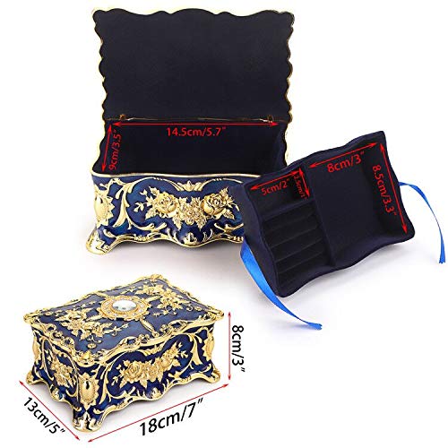 Joyero de metal vintage, organizador rectangular de dos capas, caja de almacenamiento, caja de almacenamiento ornamentada del tesoro, caja decorativa de joyería, caja de regalo de recuerdo para 5