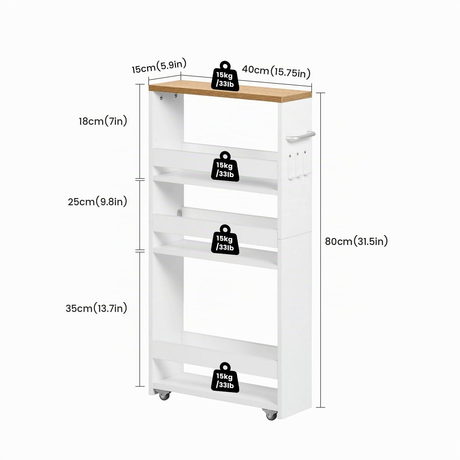 Carrito de Cocina de 4 Niveles, Carro Auxiliar Estrecho con Ruedas, Estante Nicho con Asa, Mueble de Almacenaje Ahorra Espacio para Cocina, Baño, Oficina, 40x15x80cm, Blanco+Roble Claro