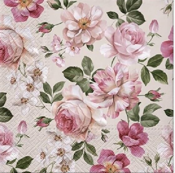 Set of 2 Paper LUNCH Decoupage Napkins Vintage Pink Roses Floral For Needlework Perfect For Birthday Holiday Wedding Cocktail Projects Premium Quality Exquisite Designs