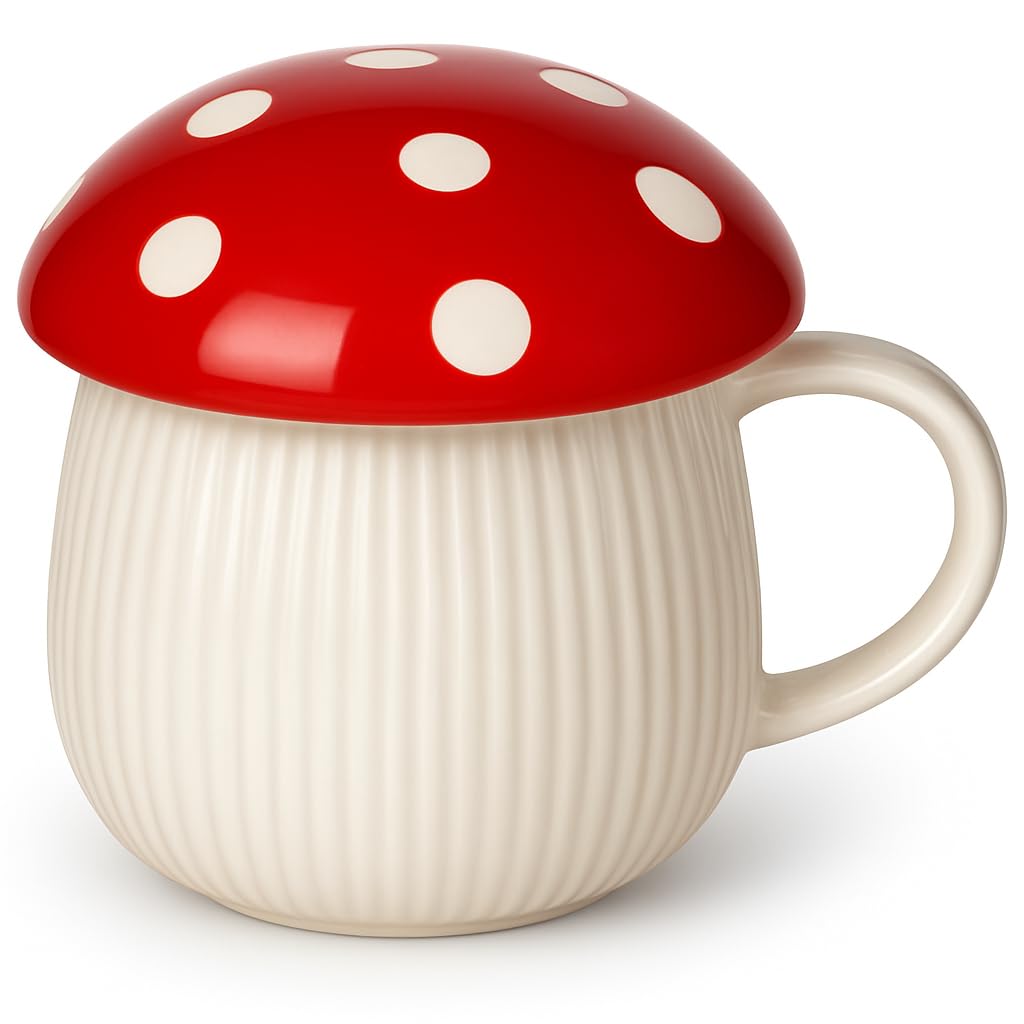 NiHome 12oz Mushroom Shaped Ceramic Mug with Lid – Cute Mug for Coffee, Tea, Hot Chocolate & More, Fun Mushroom Gifts, Dishwasher Safe, Colorful Beverage Holder & Desk Decor for Home or Office