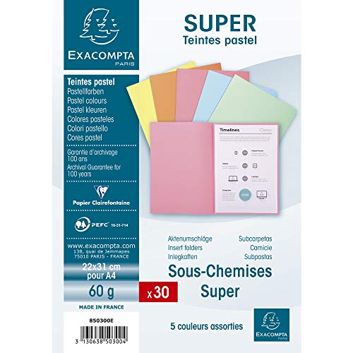 Exacompta 850300E 30er Pack Aktenteckel SUPER. Aus extra starkem Karton für DIN A4 in Pastellfarben PEFC™ zertifiziert farbig sortiert Hefter ideal für das Büro und Schule und die mobile Organisation