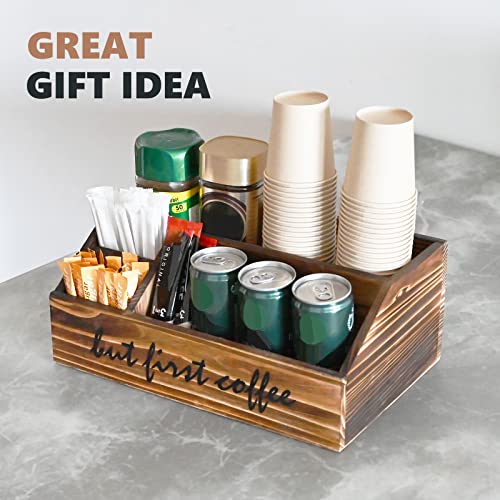 Coffee Bar Organizer, Wooden Coffee Station Accessories Storage Bin Box, Farmhouse Coffee Caddy Countertop Decor, Rustic Condiment Holder For Coffee Capsule Pod, Sugar, Straw, Cups, Tea Bag Dispenser (Burnt Wood) #TOP3