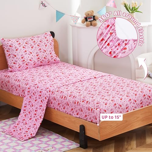 Image of Viviland 3 Pieces Girls Bow Cherry Twin Sheet Set - Soft Microfiber Fitted Flat Sheets & Pillowcase Bed Sheet Set - Pink Bedding Sets for Kids