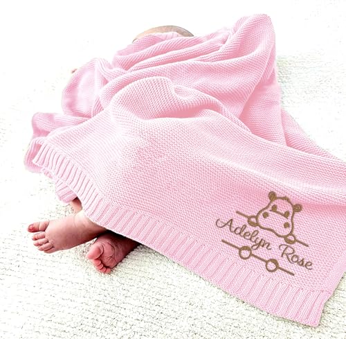 Image of Luxury Personalized Baby Girl Knit Blanket, Custom Embroidered,Nursery Blanket Gifts for Newborn Baby Girl, Newborn Holiday Shower Gift, Cotton Knit Stroller, Custom Animal