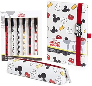 Disney Stationary Sets for Women Or Girls with Mickey Mouse A5 Notebook, Pencil Case and Set of 6 Blue Ink Pens for School Or Office, Cute Gifts for Adults Or Teens