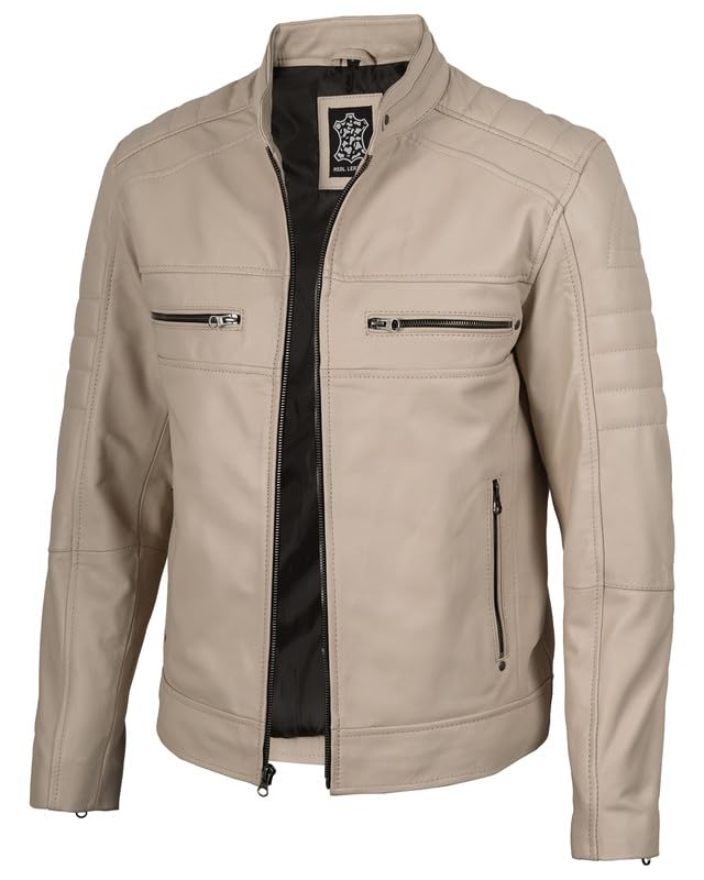 Image of Decrum Cafe Racer Leather Jacket for Men - Real Lambskin Motorcycle Style Mens Jacket with Zipper Closure