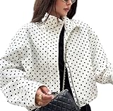 Women's Black and White Polka Dot Retro Elegant Classic Lapel Short Jacket Fashion Loose Casual Zipper Drawstring Hem Outdoor Sports Jacket (White,M)