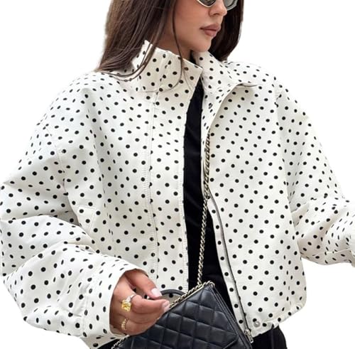 Generisch Damen Schwarz Und Weiß Polka Dot Retro Elegant Klassisch Revers Kurze Jacke Mode Locker Lässig Reißverschluss Kordelzug Saum Outdoor Sportjacke (Weiß,L)