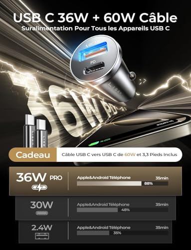 LISEN Chargeur Voiture USB C 54W+60W C-C Câble, Charger Allume Cigare USB C Rapide, Prise Allume Cigare 12V, Accessoire Voiture Interieur Cadeau Saint Valentin avec iPhone Air 17 Pro Max Galaxy S25