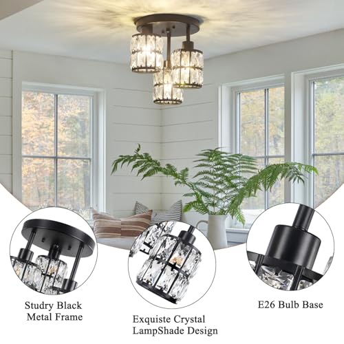 Puzhi Home Crystal Semi Flush Mount Ceiling Light, 3-Light Close To Ceiling Light Fixture Black Small Crystal Ceiling Lighting Modern Crystal Chandeliers For Kitchen Dining Room Entryway Bedroom Hallway thumb #3