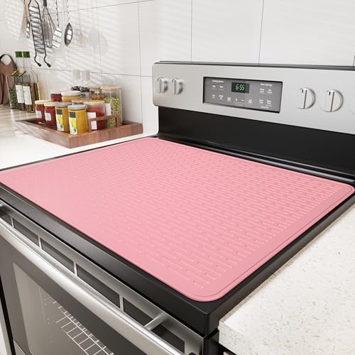 Image of Stove Top Cover for Electric Stove - Food Grade Ceramic Stove top Cover, Silicone XXL Dish Drying Mat, Glass Cooktop Covers, Flat RV Range top Mats (Pink Thickened,30x21)