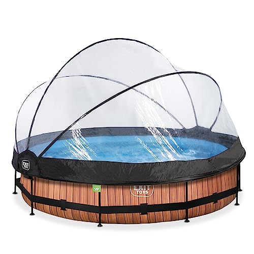 EXIT Toys Piscine Tubulaire Wood avec Dôme Multifonctionnel - ø360x76cm - Piscine Hors Sol Ronde avec Pompe Filtrante à Cartouche - Entrée Basse - pour l'eau de la...