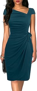 Women's Vintage Cap Sleeves Asymmetrical Neckline Sheath Bodycon Casual Work Cocktail Party Pencil Faux Wrap Dresses - Buy now