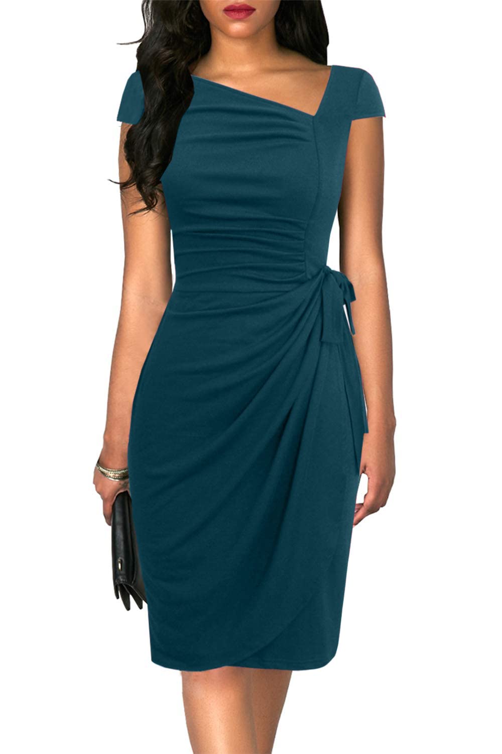 Women's Vintage Cap Sleeves Asymmetrical Neckline Sheath Bodycon Casual Work Cocktail Party Pencil Faux Wrap Dresses
