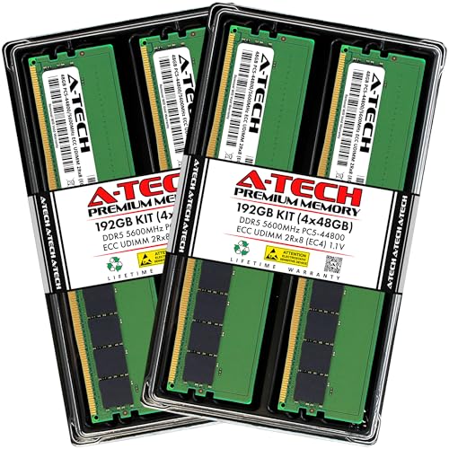 A-Tech 192GB Kit (4x48GB) DDR5 5600MHz PC5-44800 ECC UDIMM 2Rx8 (EC4 9x4) Dual Rank 1.1V ECC Unbuffered DIMM 288-Pin Server, Workstation RAM Memory Upgrade Modules