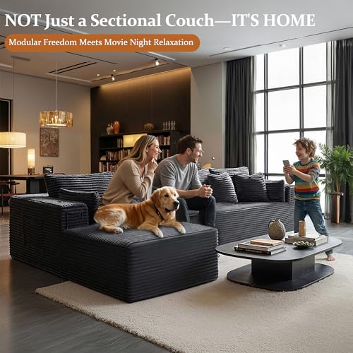 Image of 138 inch Oversized Cloud Sectional Couch, Comfort L Shaped Boneless Couch for Living Room, Extra Deep Seats No Assembly, Minimalist Modular Sofa, Corduroy (Dark Grey, 3 Seater+Right Facing Chaise)