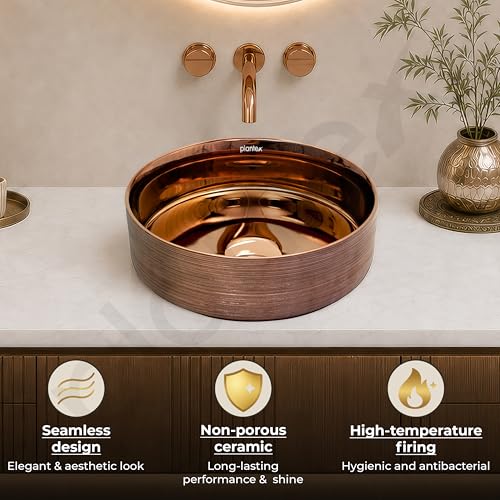 Image of Plantex Ceramic Round Wash Basin /Designer Table Top Washbasin /Countertop Wash Basin for bathroom /Home /Office (Rose Gold-14x14x5 Inch)