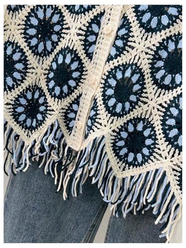 Verdusa Women's Boho Graphic Print Crochet Sweater Vest Button Up Fringe Lightweight Cardigans2