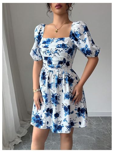Image of Floerns Women's Floral Dress Puff Sleeve Dress Square Neck Summer Vacation Picnic Mini Dresses