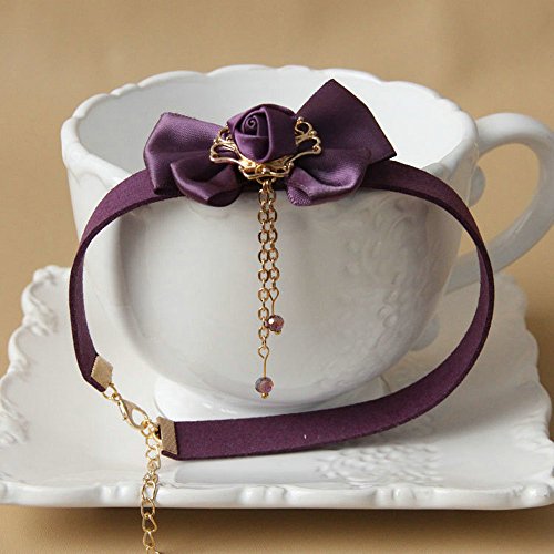 Pure Gothic Ribbon Bridal Lace Pattern Necklace Vintage Romantic Handmade Bridal Wedding White Lace Choker Necklace Short Flower Pearl Relighous Necklace (With A Purple Bow) #TOP6