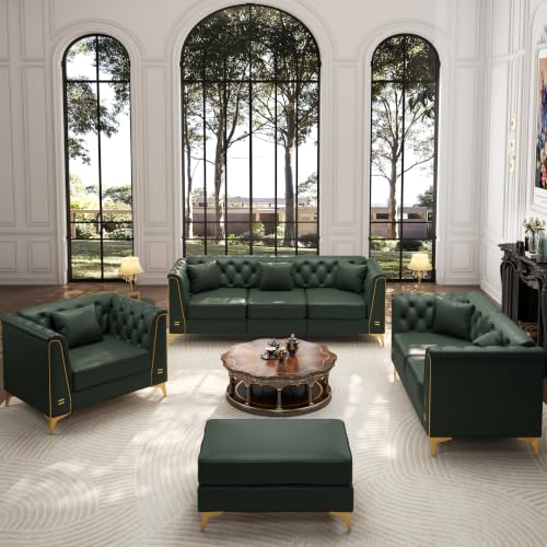 Image of KEIKI 3-Piece Chesterfield Sofa Set with Handmade Button Tufted, Green