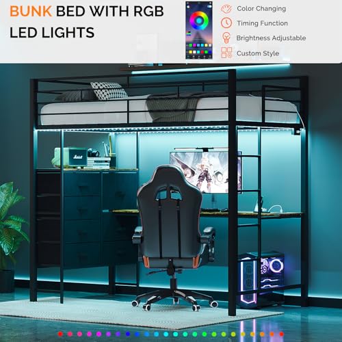 Image of VINGLI Twin Gaming Loft Bed Frame with Desk and Dresser, Metal Single High Sleeper with RGB LED Lights, 2 Built-in Power Outlets, 15 inch Extra-High Guardrails, Space-Saving Design,Black