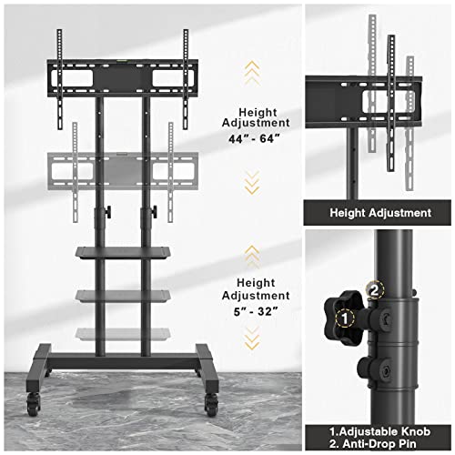Mobile Tv Stand On Wheels For 32-70 Inch Flat Screen/Curved Tvs, Television Stands With Wheels And Height Adjustable, Rolling Tv Stand Max Vesa 600 * 400Mm, Tv Cart Rolling Tv Stand With Shelf, Black #TOP2