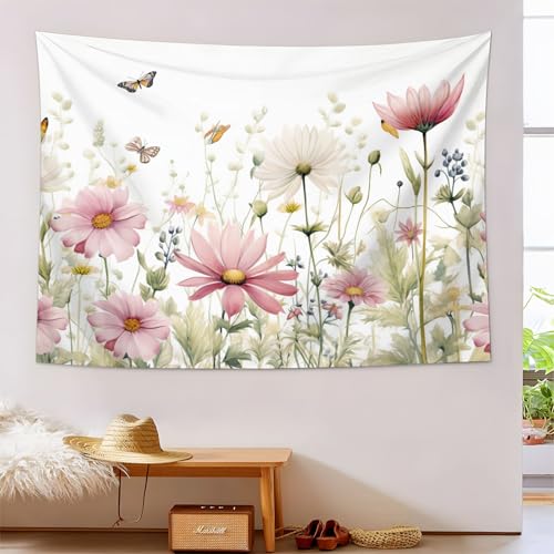 Tapiz de mariposas de diseño crema con jardín campestre y estilo bohemio de 150x230cm