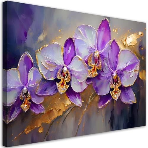 Feeby - Impression sur Toile - Chambre Salon - Orchidées peintes Fleurs violettes - 90x60 1partie - Tableau Mural Intissé - Peintures sur Toile pour la...