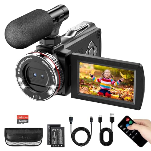 Videocamera 4K 60FPS 48MP Camcorder con Zoom Digitale 21X, Schermo IPS da 3' 270° Vlogging Camera per YouTube, Video Camera con Cavo HDMI, Microfono Esterno, Telecomando, 2 Batterie, Scheda da 32 GB