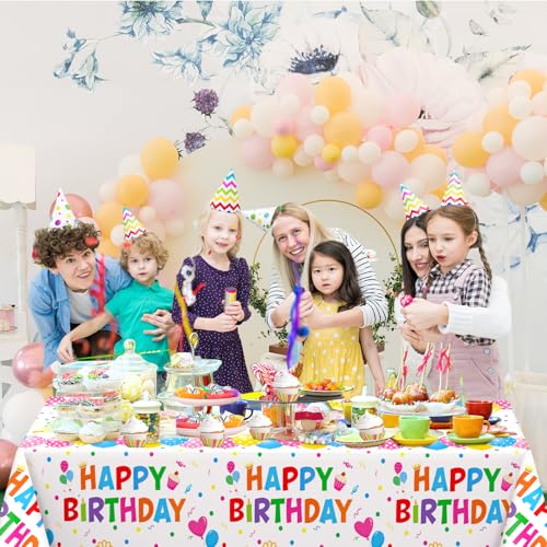 Image of WNINK 4 Pack Happy Birthday Plastic Tablecloths, 54x108 Inch Disposable Waterproof Birthday Party Table Covers, Colorful Polka Dot Rectangle Tablecloths for Kids Boys Girls Birthday Decorations