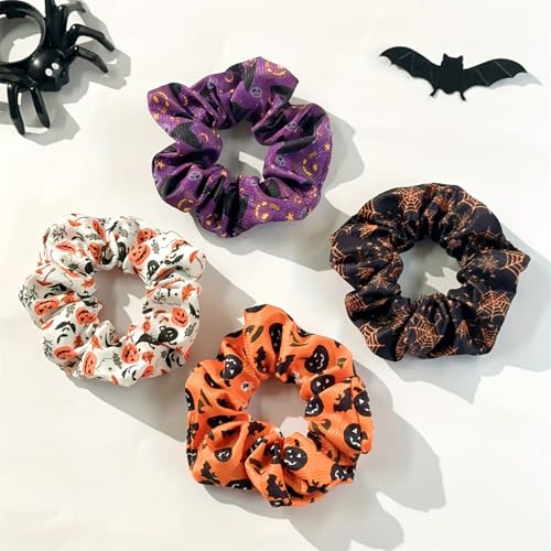 Halloween Hair Scrunchies Pumpkin Ghost Bat Spider Web Design Scrunchies Ponytail Holder Hair Decorations Soft Elastic Hair Ties Halloween Hair Accessories for Women Party Hair Bands 4Pcs