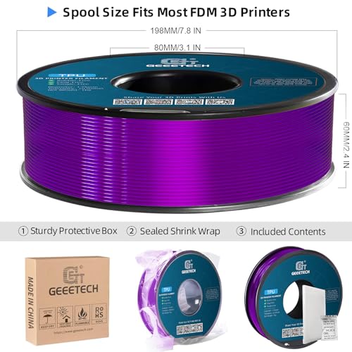 Image of Geeetech TPU Filament 1.75mm, Shore 95A Flexible 3D Printer Filament with High Elasticity, 1KG (2.2lbs) Spool, Dimensional Accuracy ±0.03mm, Fits Most FDM Printers (Clear Purple)