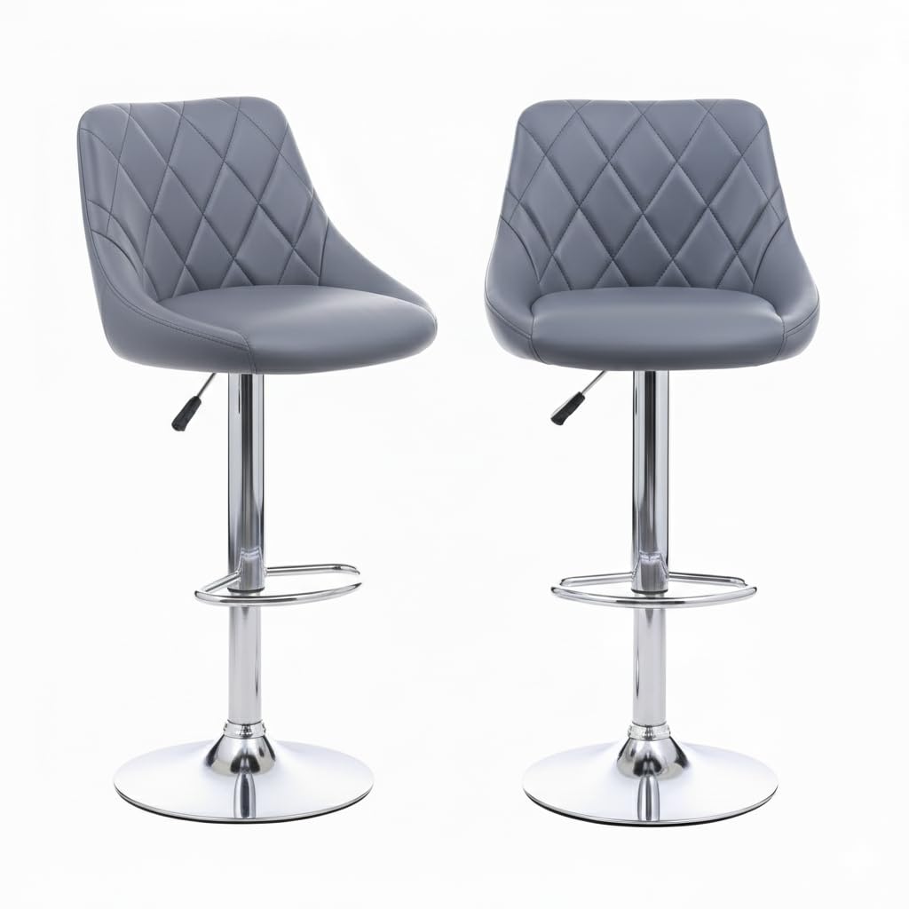 Adjustable Bar Stool for Home Kitchen Bar Salon Parlor, Quilted Grey Leather Counter Height Chair with Backrest, 360° Swivel Seat, Chrome Base, Adjustable 60–82 cm Pack of 2-(Grey)-image-47
