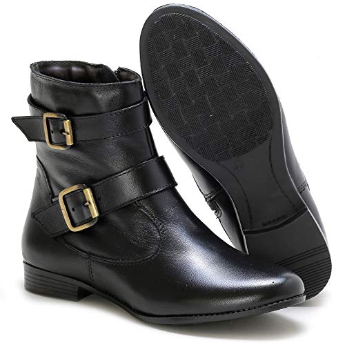 Bota Feminina Couro Cano Médio Fivela Dupla (34, Marrom)